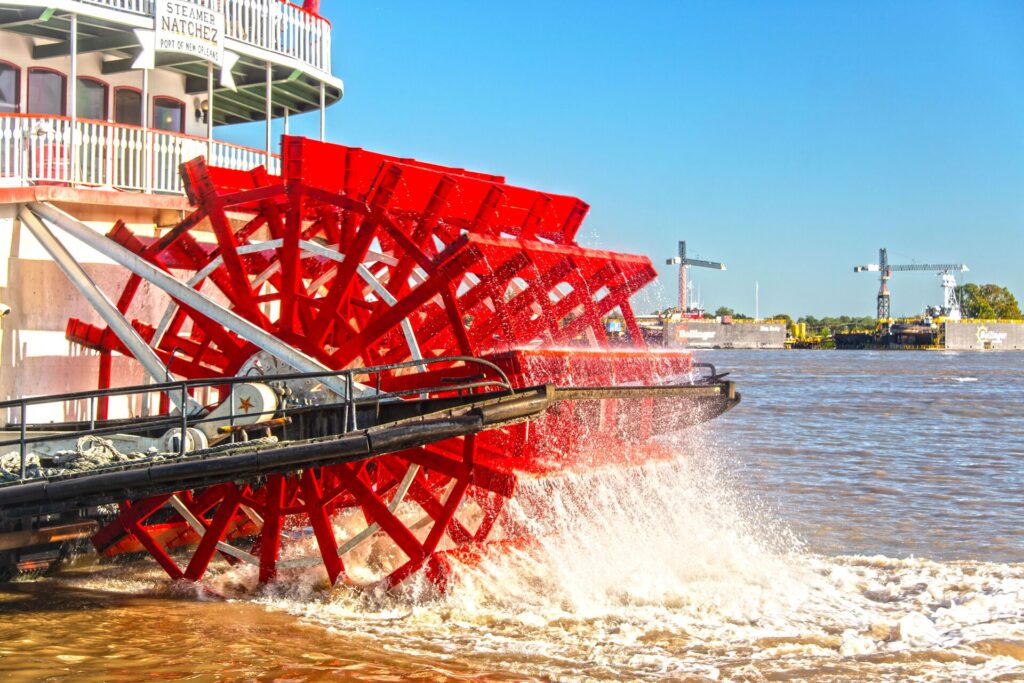 The red paddle of a paddle ship in the Mississippi River, New Orleans