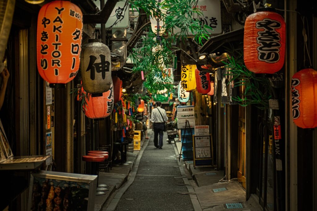 The Alley of memories in Tokyo, showing traditional lanterns and small shops