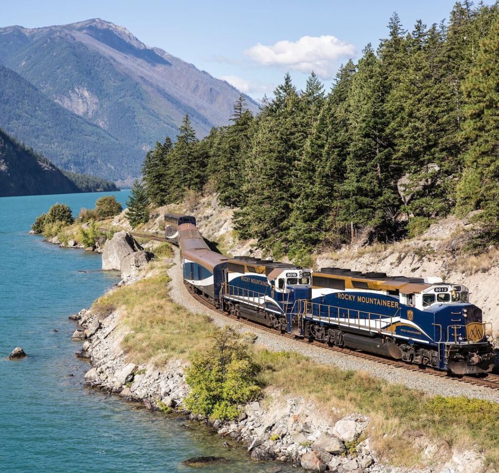 Rocky Mountaineer train travelling through the Canadian Rockies