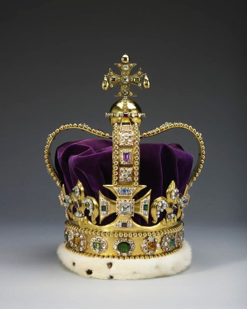 Image of the iconic purple and gold, jewel encrusted St Edwards Crown used during a coronation by the British monarchy