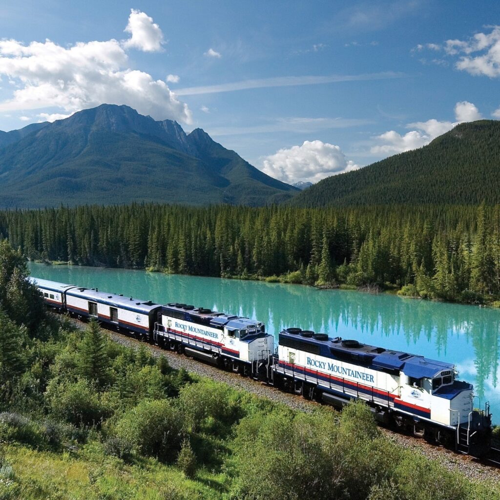Rocky Mountaineer train travelling through the Canadian Rockies
