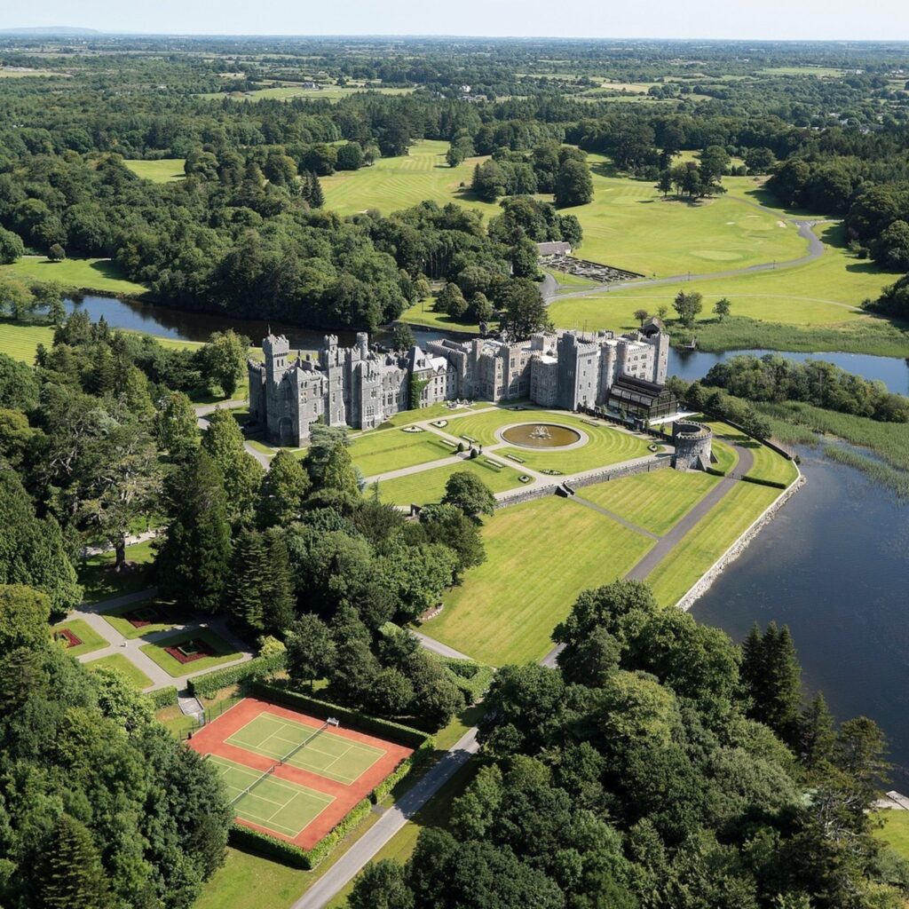 aerial shot of Ashford Castle in Ireland