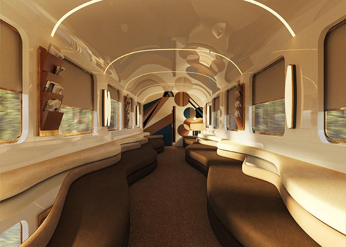 Image of lounge on Orient Express Dolce Vita, with sn=mooth lines and natural furnishings evoking the spirit of Italy