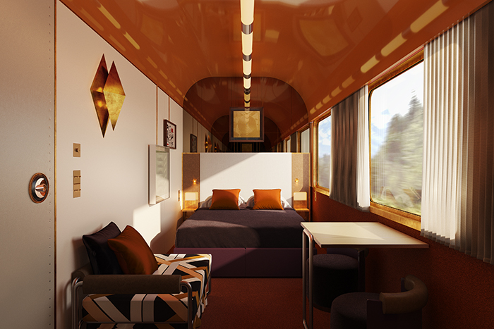 Image of a suite on the Orient Express Dolche Vita, with a bed and furniture in a sleek style
