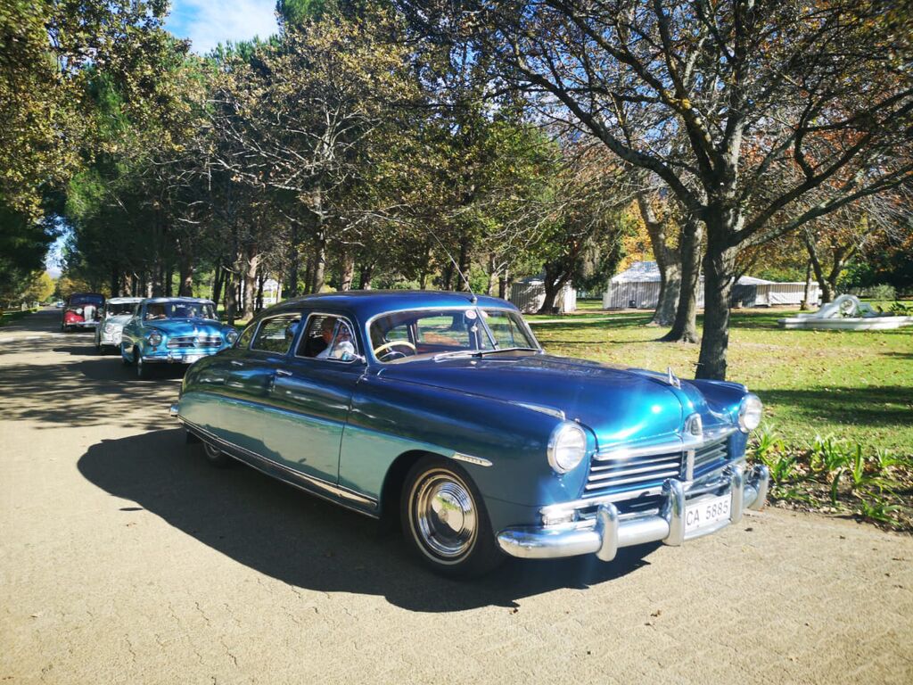 Image of a blue vintage American car on a road with a park in the background