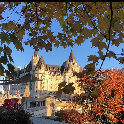 Image of Fairmont Chateau Laurier hotel with red and gold maple leaves in the foreground 