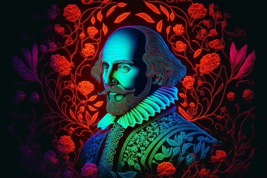 sketch of Shakespeare’s head and shoulders, in blue, red and green