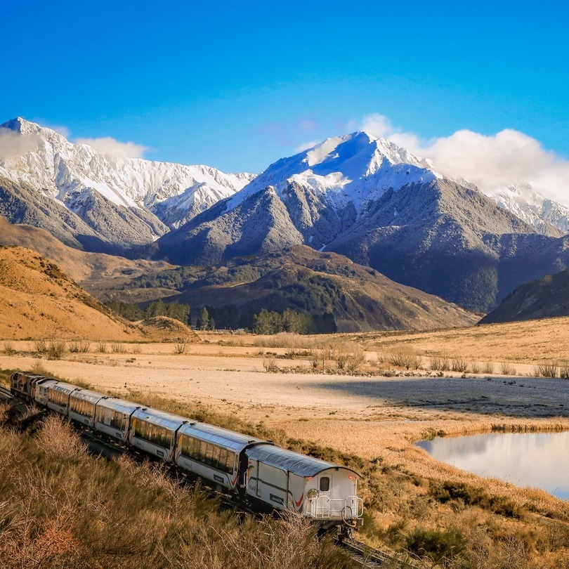 TranzAlpine train traveling through New Zealand landscapes
