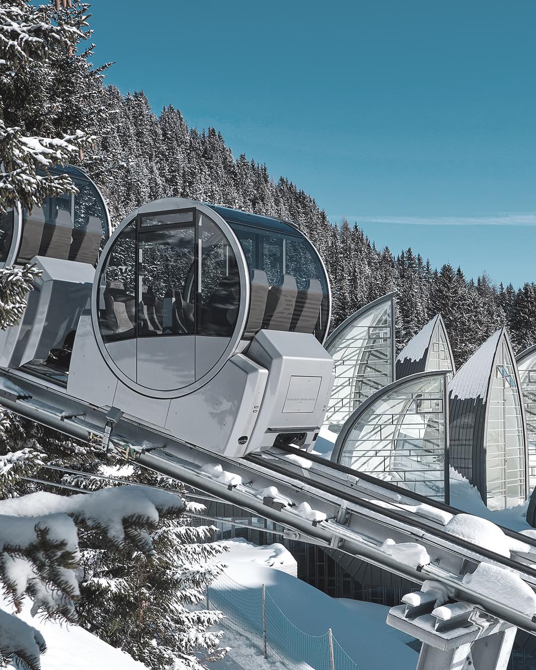 Private train at Tschuggen Grand Hotel, Davos set in snowy landscape 