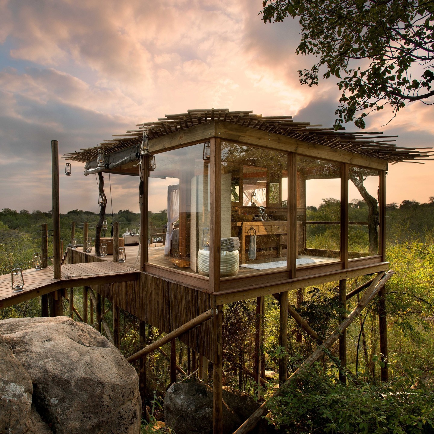 Treetop suite in game reserve at the Lion Sands lodge, South Africa 