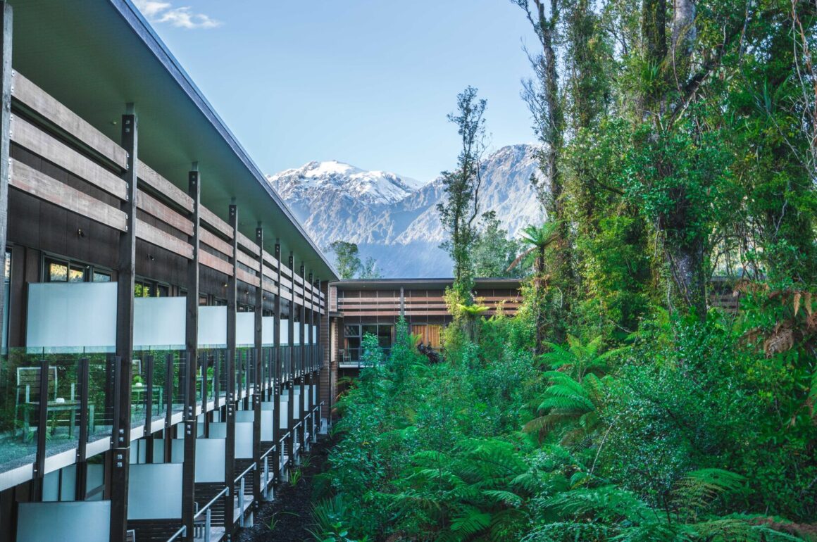 Exterior shot of the Te Waonui Lodge in New Zealand