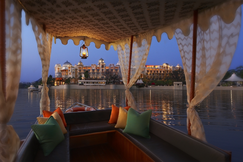 The Leela Palace Hotel, as seen from within a boat on the hotel's lake