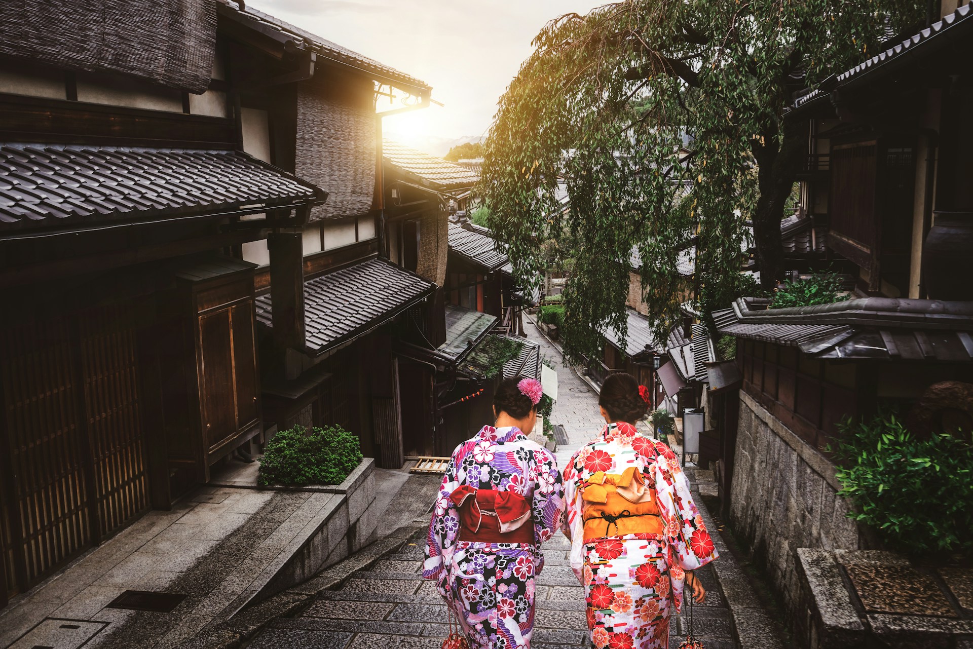 Two Geishas in Kyoto, photographed from behind, walking down a narrow street
