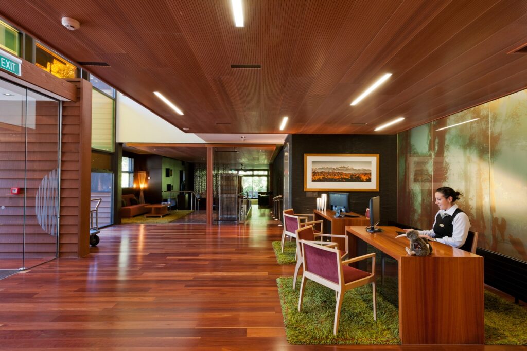 Image of the interior reception of the Te Waonui Lodge